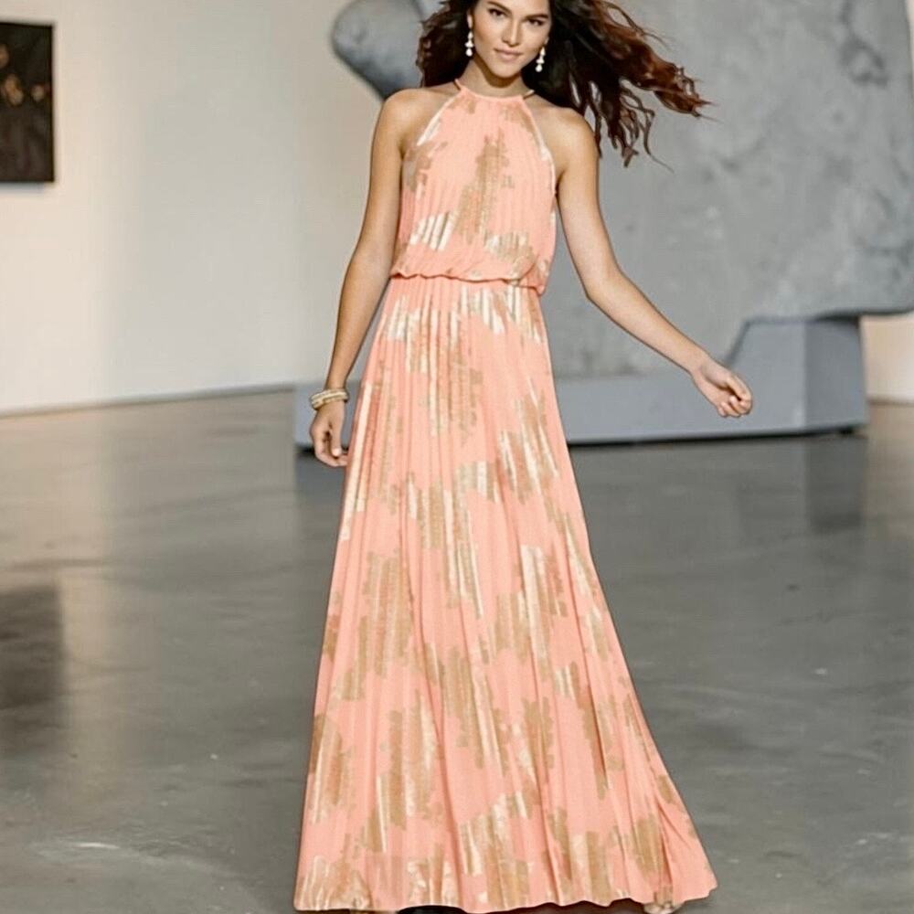XSCAPE Maxi Dress Peach Gold Foiled Pleated Halter Size 6